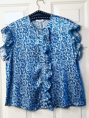 NWT KOCH Palm Top Sz S Ruffle Blouse Button Up Blue/White Floral Flutter Sleeve