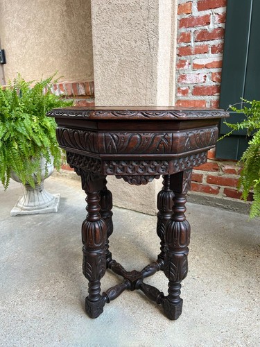 PETITE Antique French Octagon Center Side TABLE Side End Renaissance Carved Oak - Picture 15 of 20