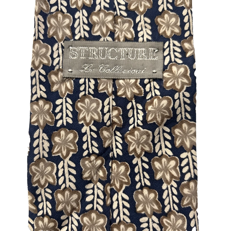Structure 100% Silk 男式复古领带卡其色花朵印花黑色 60x3 3/4 — 第 2/4 张图片