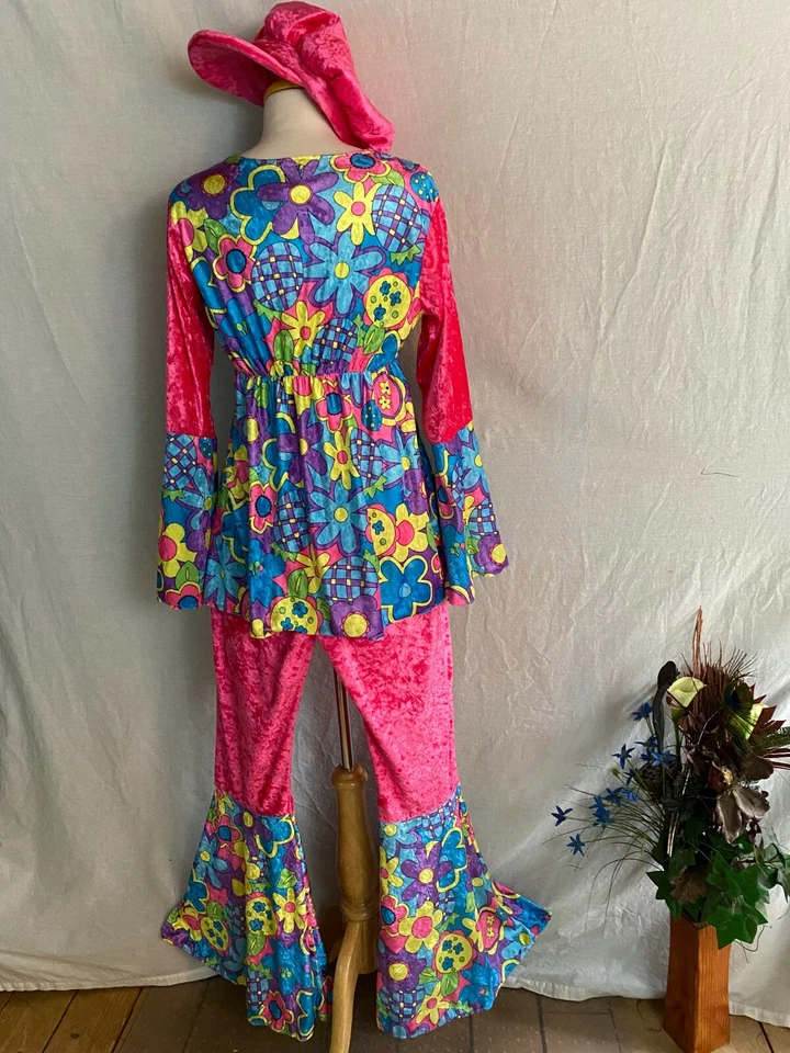 Franco Hippy Chic Disfraz Halloween Rosa Flor Power Top Campana Parte Inferior Sombrero 1 Talla Foto 3 de 4