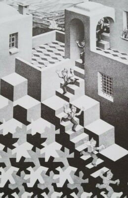 CYCLE Perpetual Motion JOLLY MAN RUNNING DOWN STAIRS by M C Escher 14x10 Print