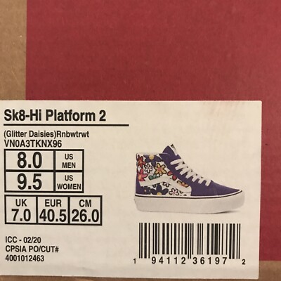 VANS Sk8 Hi Platform 2, Mens Sz 8, Glitter Daisies Rainbow Purple