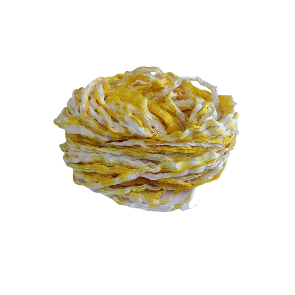 Sari Silk Ribbon super bulky yarn -Yellow, Cream SHIBORI dye - Image 2 of 4