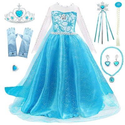 Eiskönigin Prinzessin Elsa Kleid Frozen Kostüm Eisprinzessin Set aus 7 Zubehör