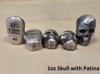 1 oz Antiqued Skull 999+ Fine Silver Bullion Bar Yeager's Poured Silver - YPS