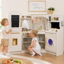 Large Wooden Corner Play Kitchen Sets with Ice Maker,Water Dispenser,Bread Maker