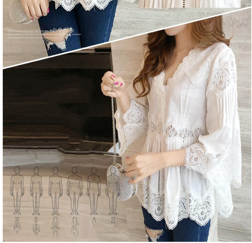 Fashion Korean V-Neck Ruffled Lace Long Sleeve White Shirt Blouses Top Women's - Picture 12 of 14