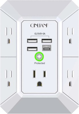 5 Outlet Extender Surge Protector with 4 USB Ports 1680J Wall Charger Multi Plug