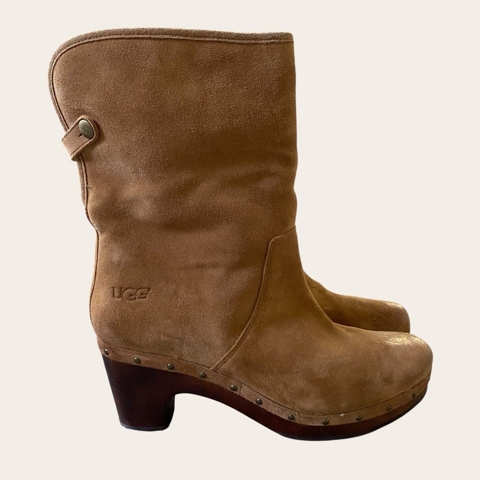 UGG Australia Clog Boots Women Size 10 EU 41 Brown Suede Wooden Heel Platform