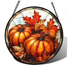 Stained Glass Window Hanging, Pumpkin Maple Leaf 14.9x14.9 IN Orange-red