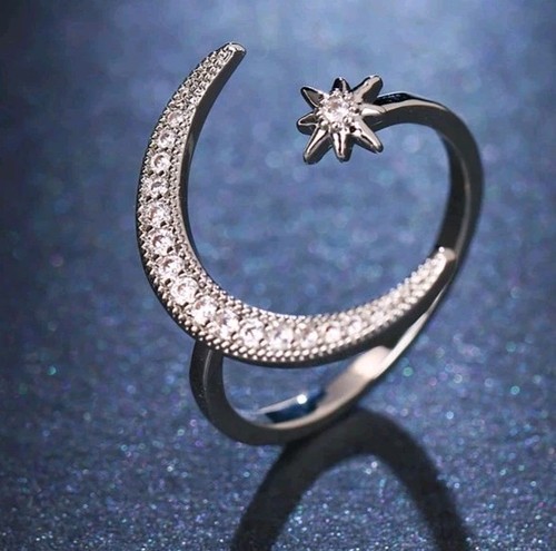 High Polish Open Moon Star Ring New Silvertone Simple Band - Picture 1 of 4