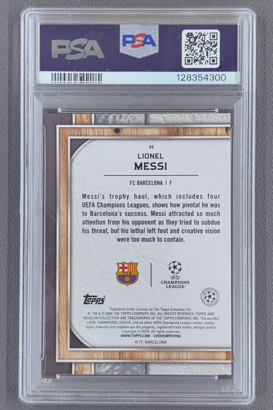 2023-24 Topps Museum UEFA UCL Lionel Messi Gold /50 #89 Barcelona FC PSA 9 view 2