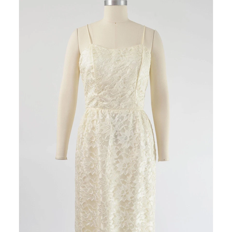 Maxi Vestido Vintage Años 80 a 60 Crema Encaje Correa Espagueti Lápiz Vaina Larga XS Foto 3 de 4