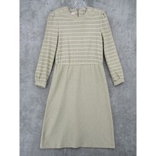 Vintage Cheekaberry Dress Medium Striped Textured Midi Modest Union Made Beige