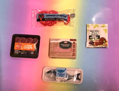 ZURU Mini Marken FÜLLEN KÜHLSCHRANK KONVOLUT Fleisch Fisch Koteletts Hummer Pute Wurst x5