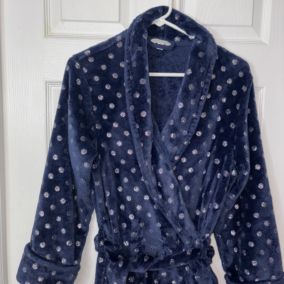 Bata polar Charter Club para mujer M azul marino plateado a lunares manga larga Foto 2 de 4