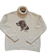 Lauren Ralph Lauren Hand Knit Dog Cotton Vtg Turtle Neck Sweater Medium Gift 90s