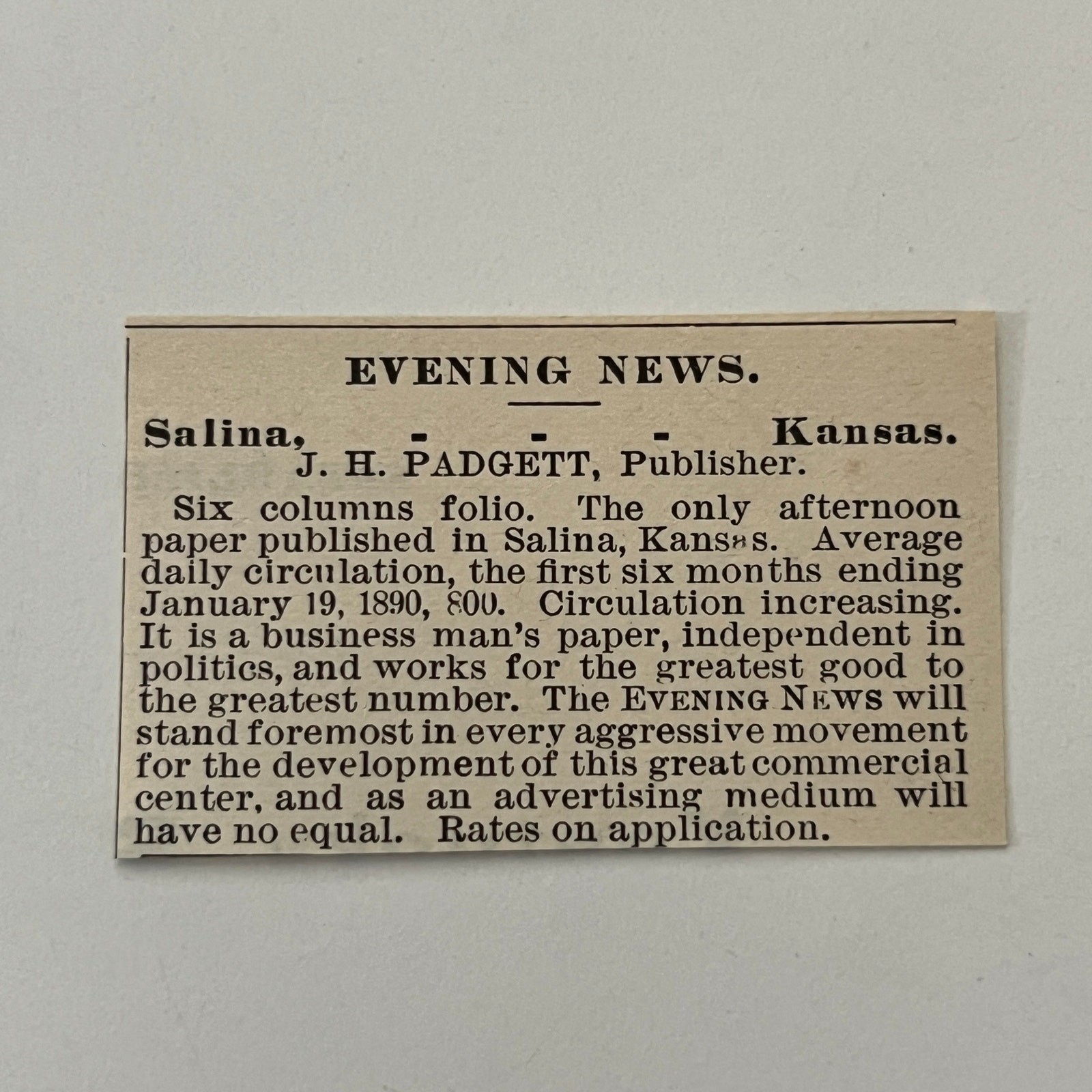 Evening News J. H. Padgett Salina KS 1890 Newspaper Ad SAI7-S10
