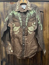Brown Western Pearl Snap Cotton Embroidered Shirt ROCKMOUNT Ranch Wear Sz L