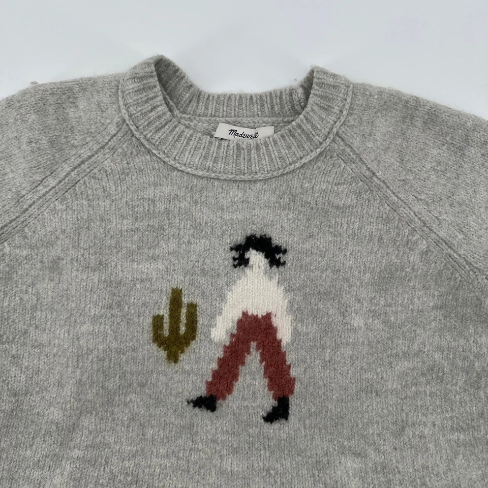 Suéter de lana Madewell para mujer pequeño gris cactus occidental cuello redondo pulóver Foto 4 de 4