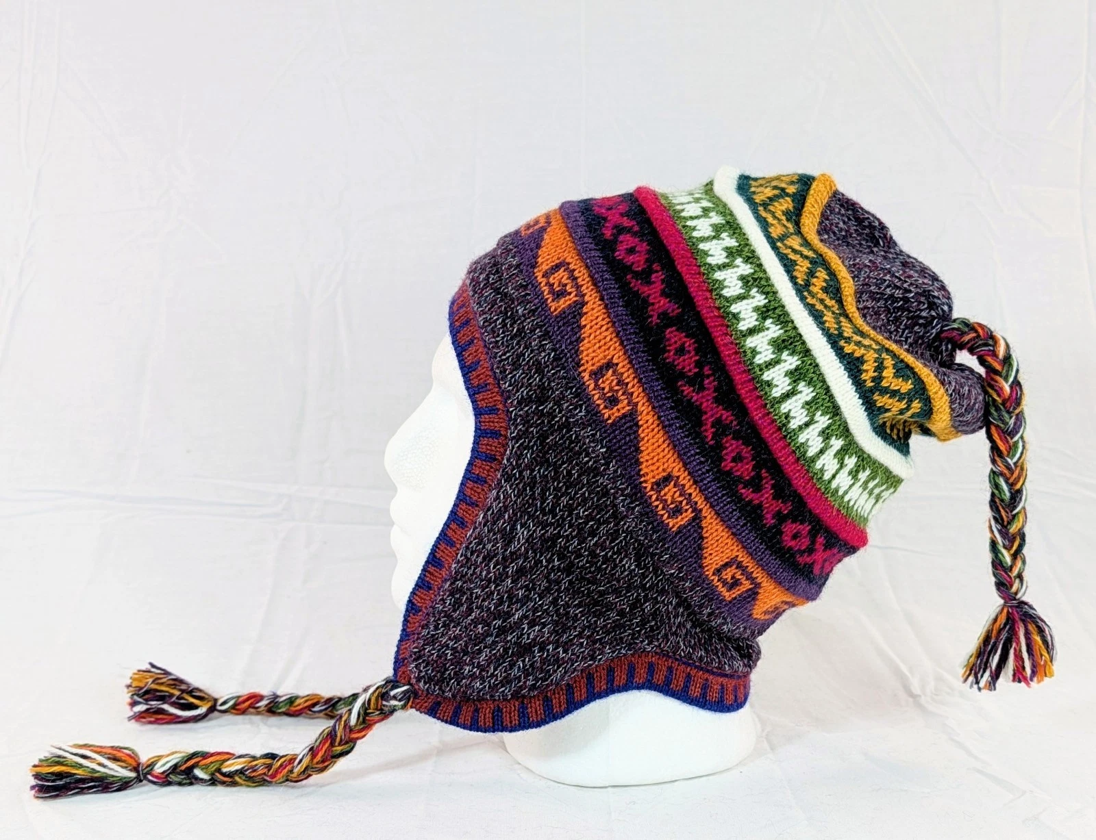 Soft Baby Alpaca Reversible Chullo Beanie Purple Brown Unisex Colorful Boho Peru