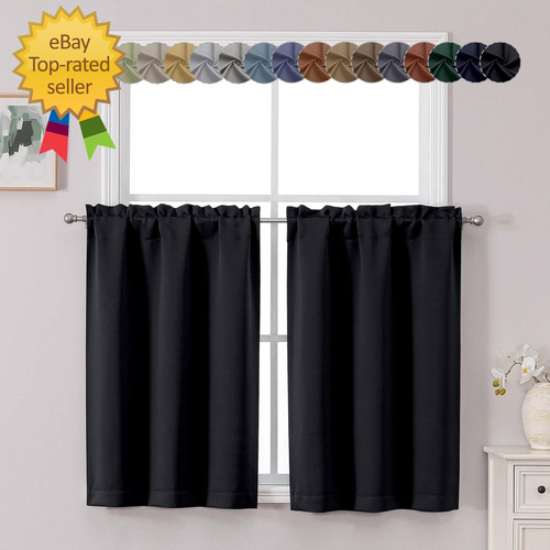 Cortinas cortas negras 36 pulgadas de largo pequeñas cortinas oscuras nivel térmico - Imagen 7 de 9