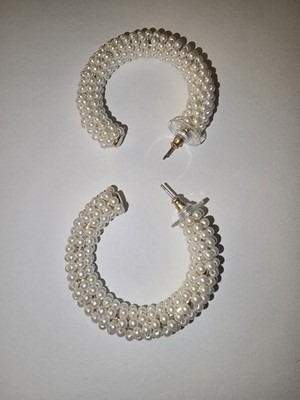 LOFT Pearl Beaded Round Hoop Earrings White Butterfly Closure