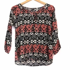 FUNKY SOUL Black Red Aztec Boho Tribal Tie 3/4 Sleeve Peasant Blouse Top Small S