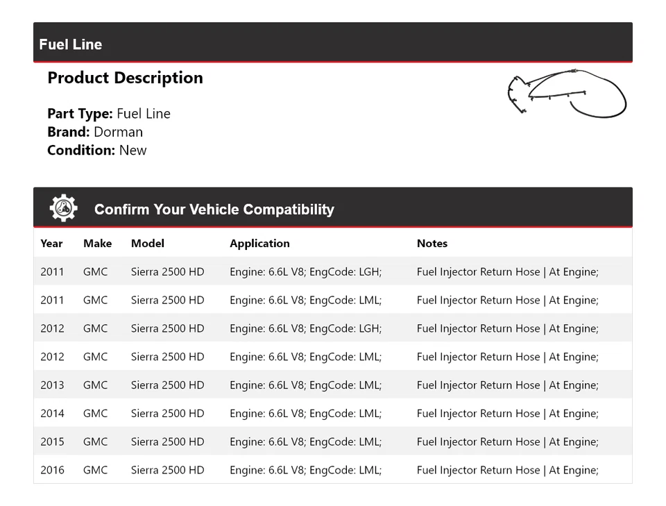 适用于 2011 - 2016 GMC Sierra 2500 HD 6.6L V8 Dorman Fuel Line 2012 2013 2014 2015 — 第 2/4 张图片