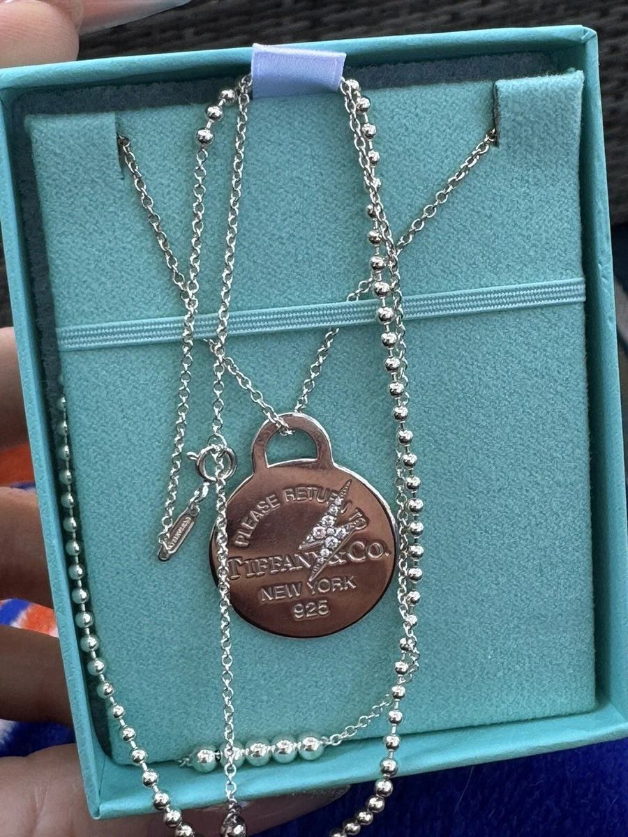 Tiffany Co Silver Diamond Etched Lightening Bolt Thunder Round Necklace Retired