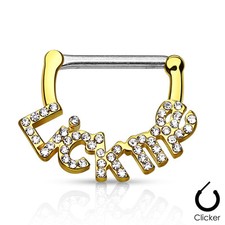 Pair of CZ Paved "Lick Me" 14K Gold Plated Surgical Steel Nipple Clicker Rings