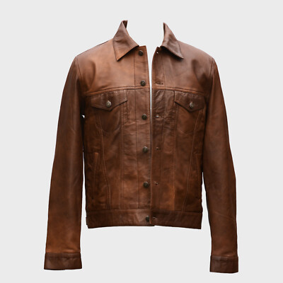 Western Trucker Leather Jacket Sheep Leather Denim Jacket Style D34J