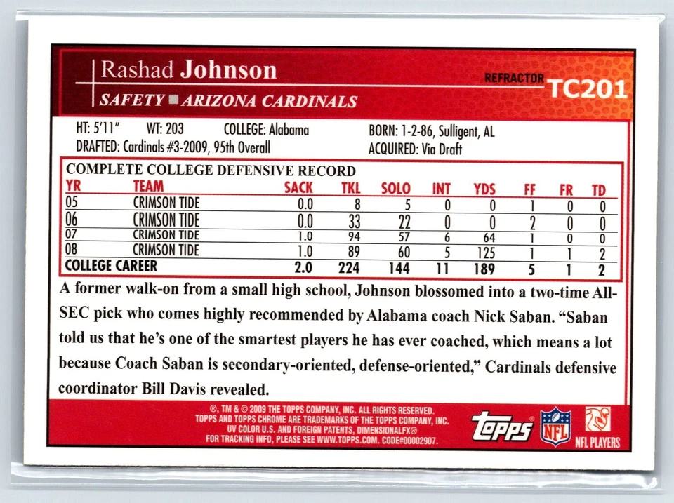 2009 Topps Chrome Refractors #TC201 Rashad Johnson - Image 2 of 2