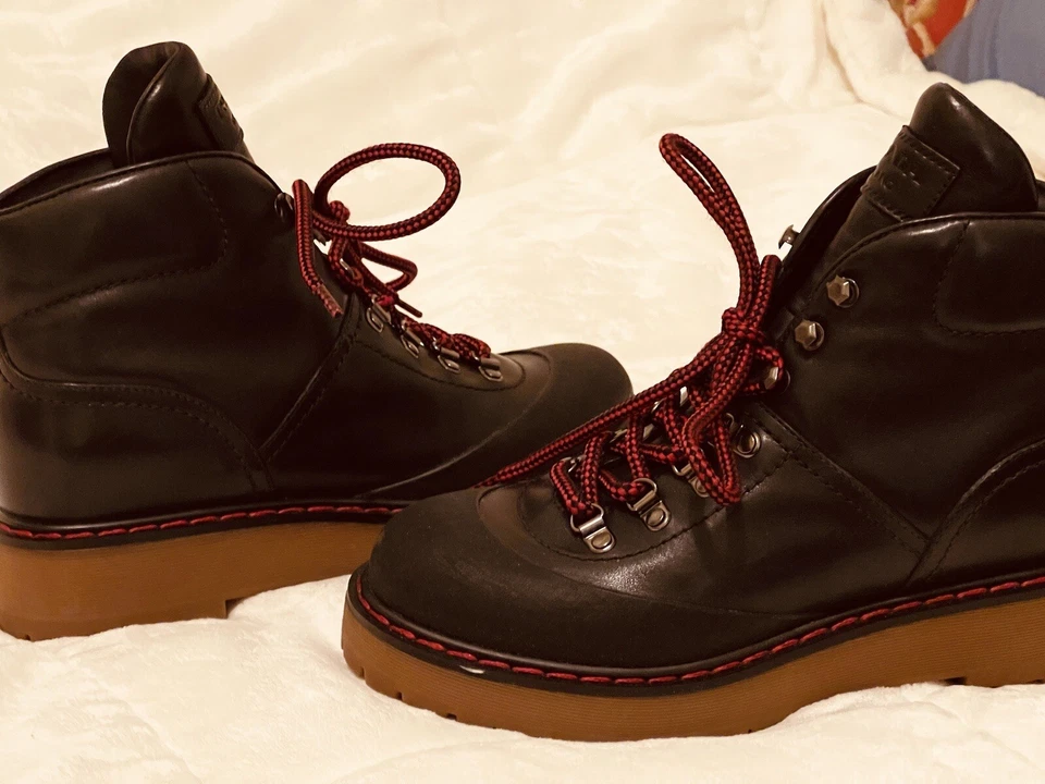 PRADA Mujer Botas de Senderismo, Cuero Negro/Costuras Rojas, 9 US 40 EUR Foto 3 de 4