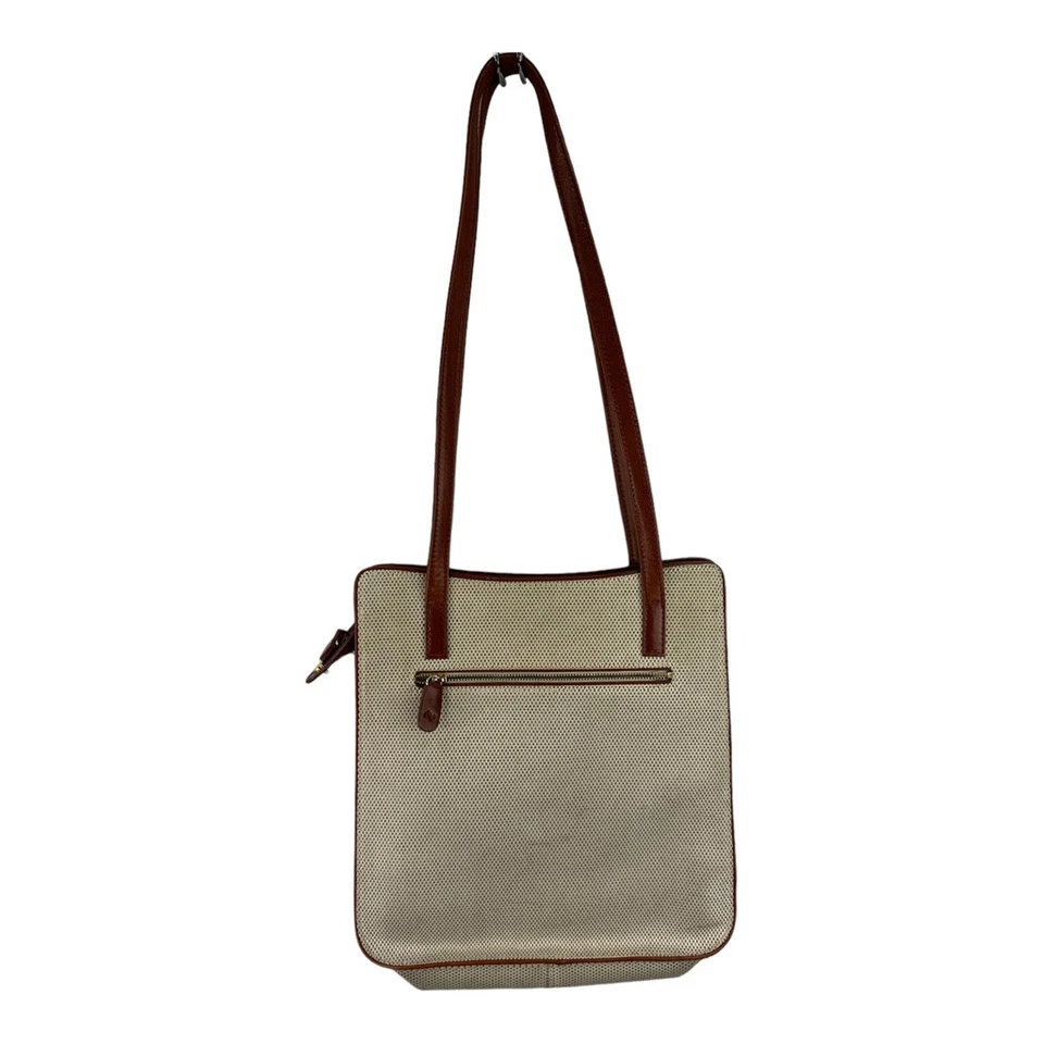 Monsac Womens Shoulder Tote Bag Beige Fabric Brown Leather Trim Strap Pocket Zip - Image 2 of 4