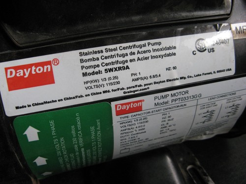 BOMBA CENTRÍFUGA DAYTON 1/3hp Acero Inoxidable 316 5WXR9 115/230 VAC 1ph - Imagen 3 de 11