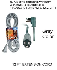 12ft Heavy Duty Appliance AC Power Electric Extension Cord 14 Gauge 15A UL Gray