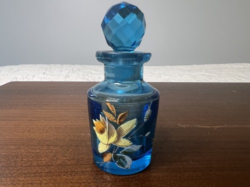 Czech Czechoslovakia Bohemian Enameled Blue Glass Perfume Bottle w/ Stopper 3.5"