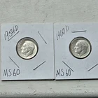 Lot of 2 Roosevelt silver dimes.1954d 1960d MS