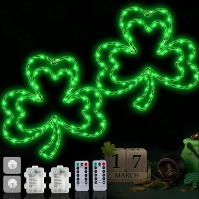 LAIAMER 2 Pcs Light Up Shamrock for Window, 13'' Shamrocks Clover Lights 