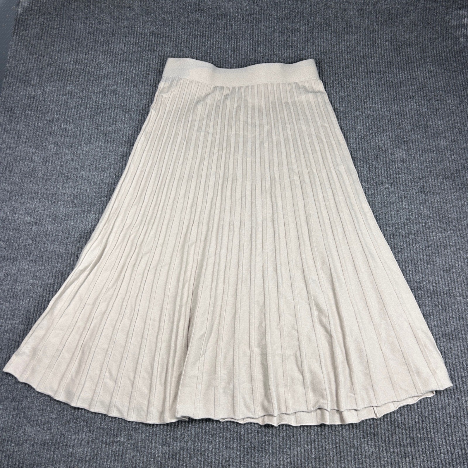 Milano Skirt Womens L Cream Pleated Knit Midi A-Line Elastic Waist Stretch