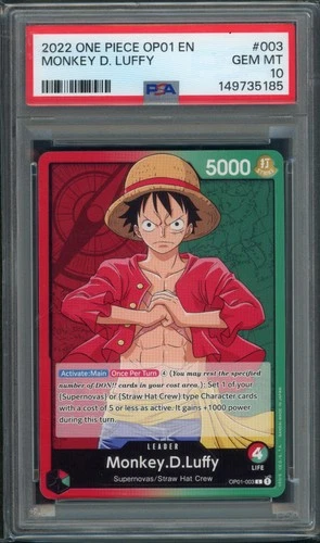 2022 ONE PIECE OP01 ROMANCE DAWN EN 003 MONKEY D. LUFFY PRE ERRATA LEADER PSA 10