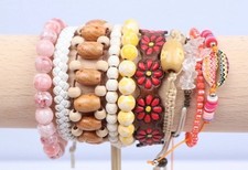 Boho Stackable Bracelets 10 Bead Shell Adjustable Stretch Leather Stone