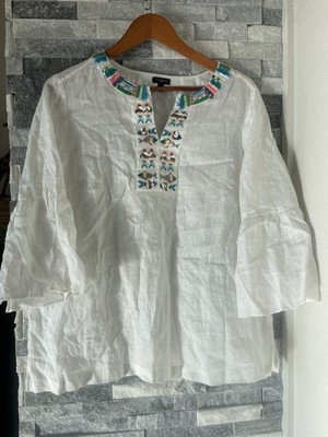 Women's TALBOTS linen fish embroidered beaded tunic-White, Blue-XL Petite