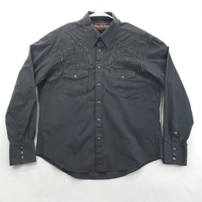 Rock & Roll Cowboy Shirt Mens Large Pinstripe Pearl Snap Embroidered B2S7258