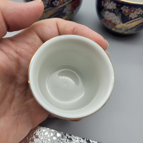 Set servizio tè caldo vintage / sake - blu con design floreale e fagiano 8 pz - Foto 8 di 18