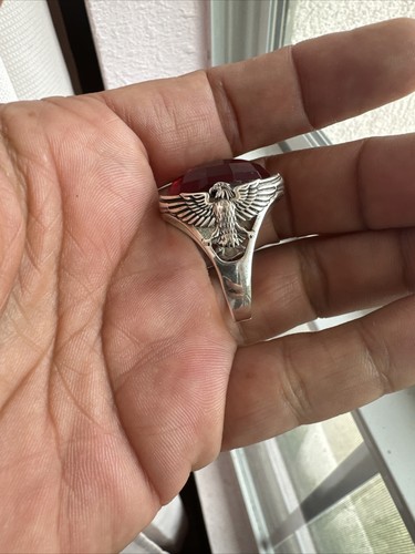 Eagle Ruby Stone Jewelry Turkish Handmade .925 Sterling Silver Men's Ring Sz 15 - Picture 10 of 15