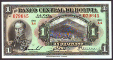 BOLIVIA 1 BOLIVIANO 1928 ISSUE ~ P-118 ~ SIMON BOLIVAR ~ CHOICE AU/UNC NOTE