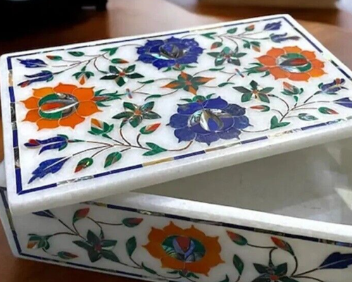 7"x5"x3" White Marble Jewelry Storage Box Semi Precious Stone Inlay Floral Decor - Picture 4 of 9
