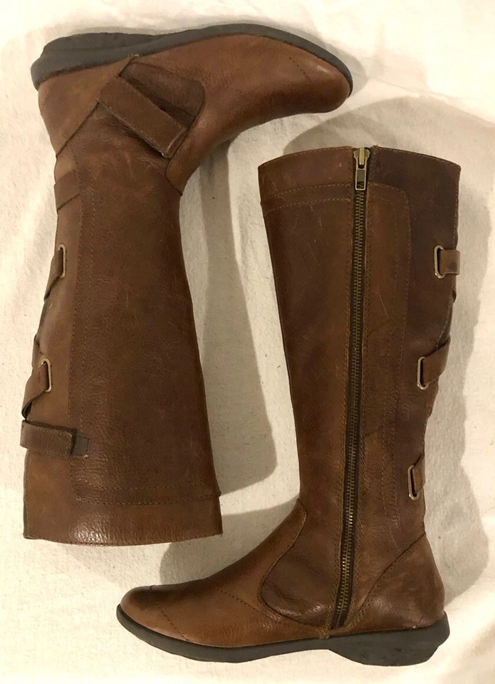 Botas para mujer talla 7M de cuero marrón con volantes debajo de la rodilla cremallera lateral completa Foto 3 de 4